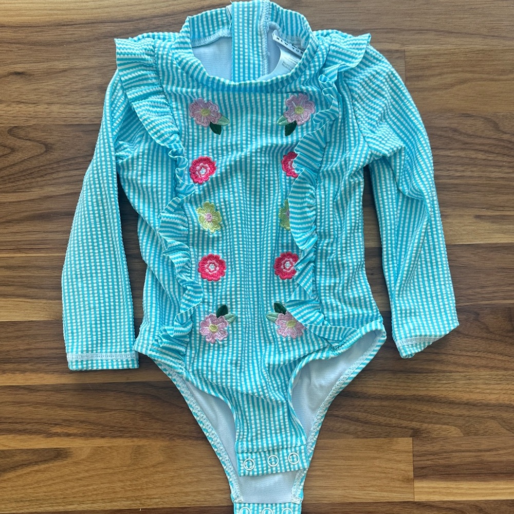 Nicole Miller Teal Striped Floral Swimsuit